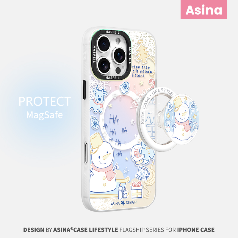 涂鸦线条雪人适用iPhone16Promax手机壳14磁吸支架苹果15保护套防摔plus全包12超薄秋冬ip13Pro新款高级感女