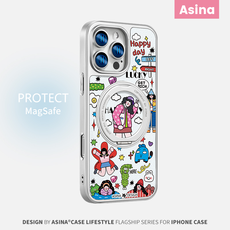 彩色女孩适用iPhone16Promax手机壳新款14磁吸带支架苹果15Pro全包套支点ip16高级的好看可爱女13pm全包仿皮
