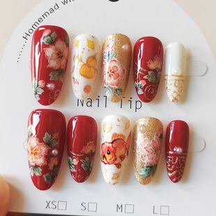 招财牡丹花美甲红色与金色喜庆穿戴甲水彩手绘可定制甲片