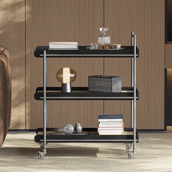 厂家直销拼色马鞍皮不锈钢实木盘三层边几推车收纳架茶几置物架