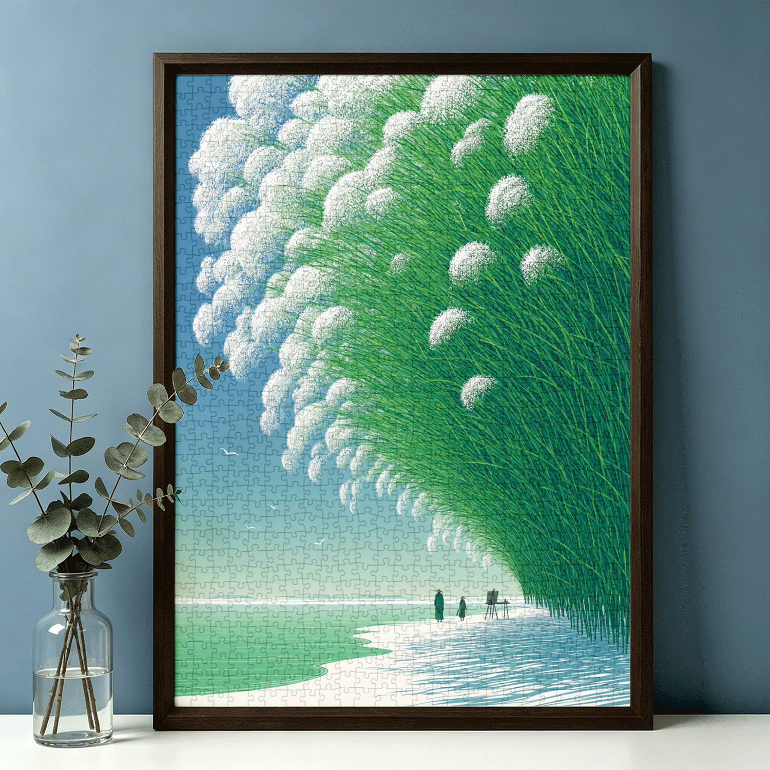 1000片蓝卡拼图带相框成人减压治愈系装饰画插画海滨花草丛写生