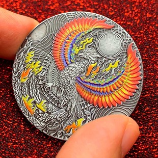 凤凰涅磐鸟彩绘动物镍古银纪念章 把玩创意币魔术硬币金币纪念币