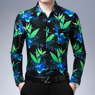 长袖 免烫爸爸装 衬衫 冰丝印花衬衣修身 休闲碎花上衣 中年薄款 男式