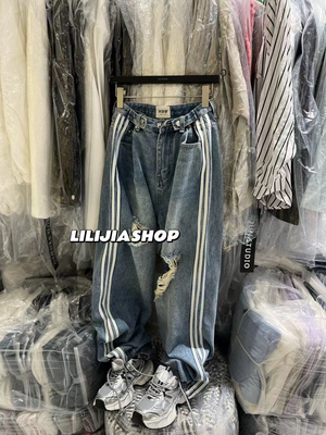 韩国东大门2025春季新款做旧款条纹破洞洋气百搭牛仔裤