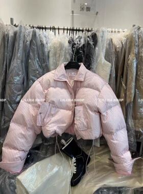 2025秋冬新款韩版时尚百搭宽松显瘦条纹短款羽绒外套女