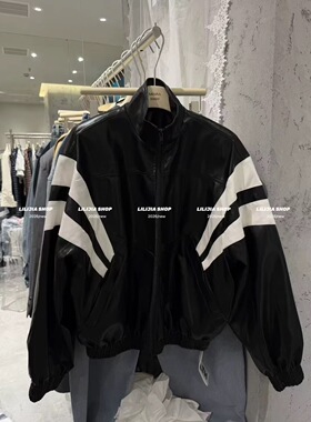 2026年春季新款垫肩宽松洋气pu皮外套拼白色杠皮衣女潮