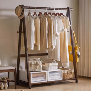 卧室落地挂衣架带轮子可移动衣服置物架子家用实木衣帽架结实耐用