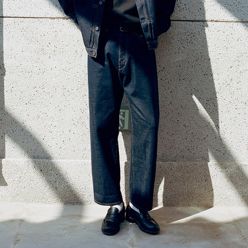 洗水原牛蓝白赤耳五袋九分牛仔裤