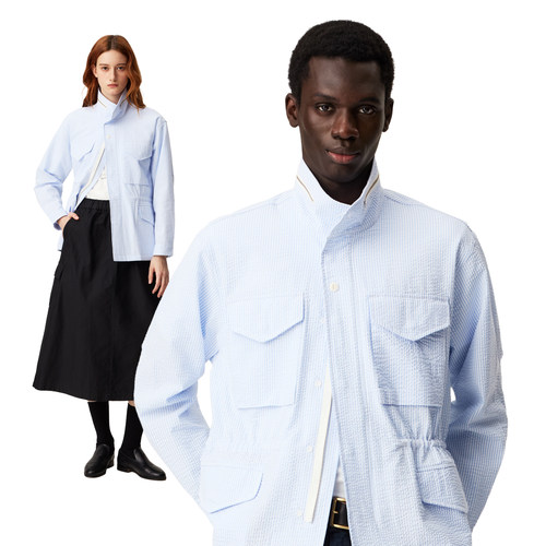 SUPERTOFU肌理感泡泡纱 蓝色条纹 中长款四袋M65 衬衫外套 SS26