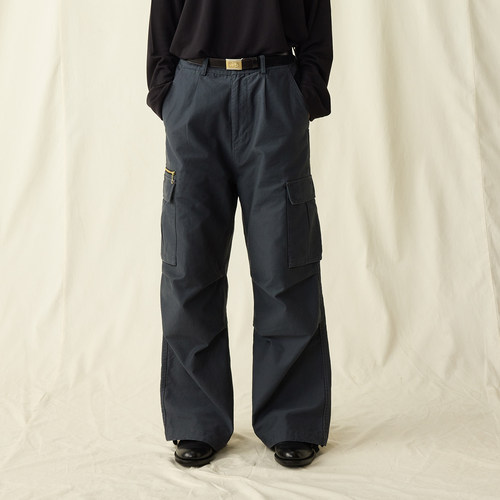 SUPERTOFU吊坠拉链 洗水灰 竹节缎纹 直筒 工装长裤 AW25