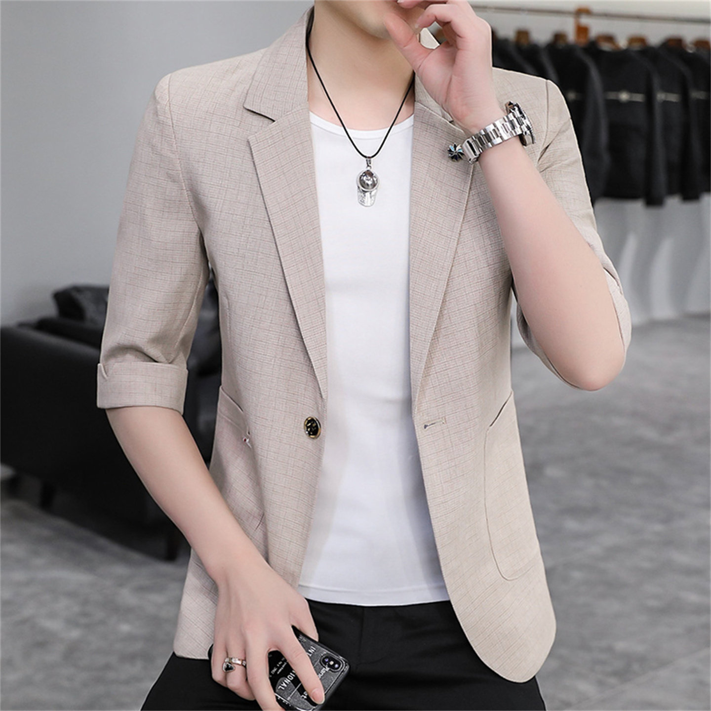 夏季男士薄款休闲西服男潮七分半袖外套韩版修身中袖小西装上衣潮