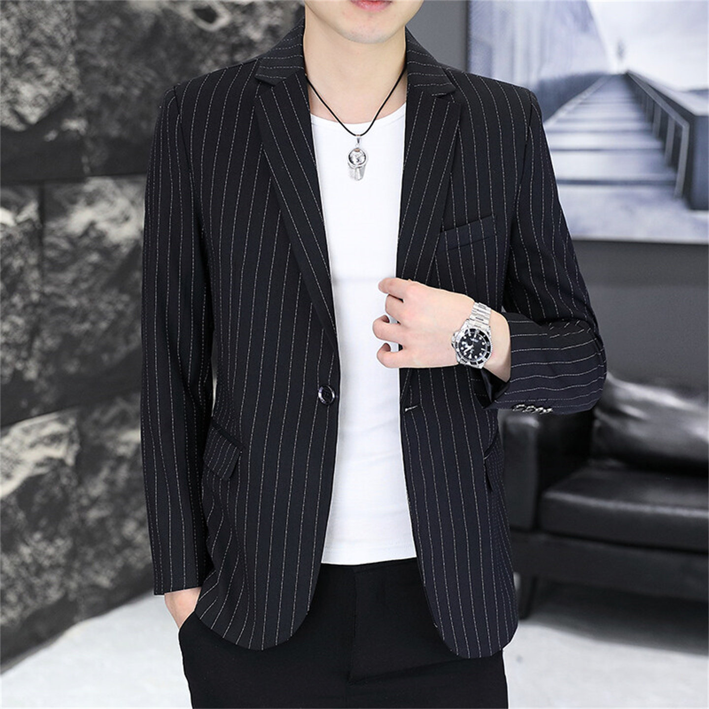 西装外套男薄款条纹休闲西服上衣