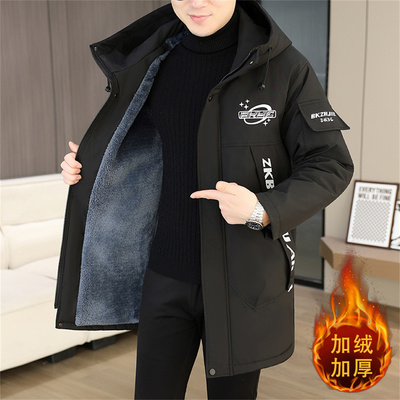 风衣男加绒加厚中长款外套棉衣服