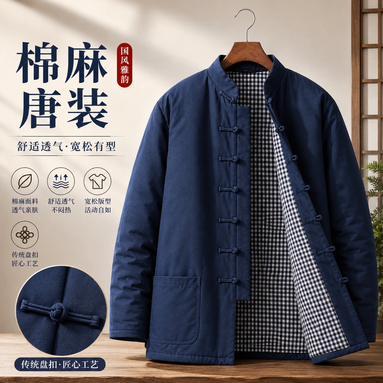 新中式唐装男装棉衣盘扣立领加厚保暖中老年手工棉服棉袄外套冬季