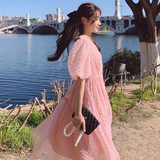 奶系泡泡袖粉色连衣裙女2023夏新款法式温柔风甜美超仙气质长裙子，女装连衣裙，浙宝225