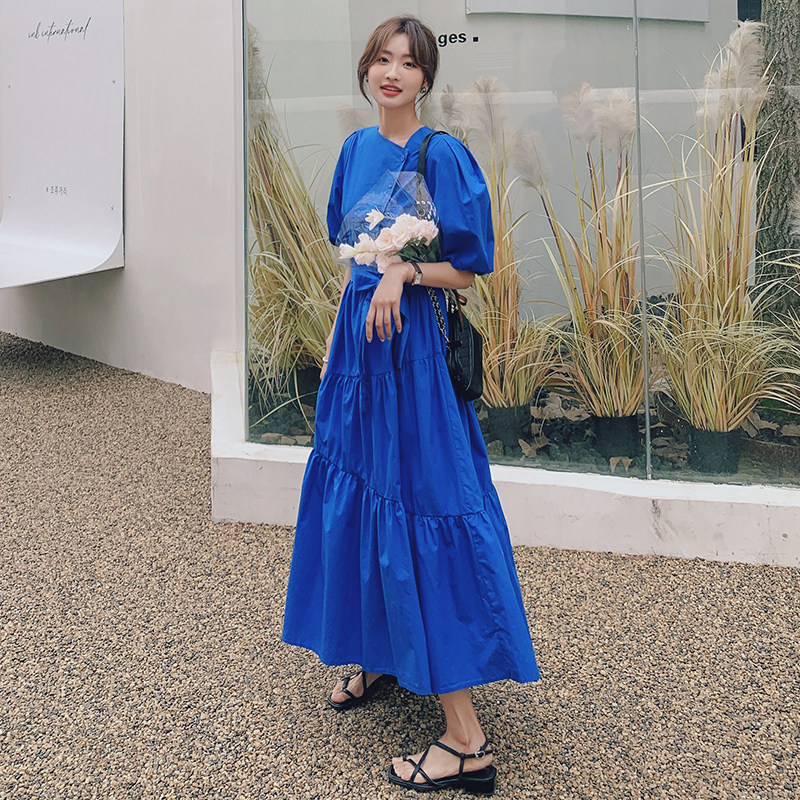 2022夏季新款斜门襟宝蓝色连衣裙225-6618-P115（控168）,女装连衣裙,浙宝225