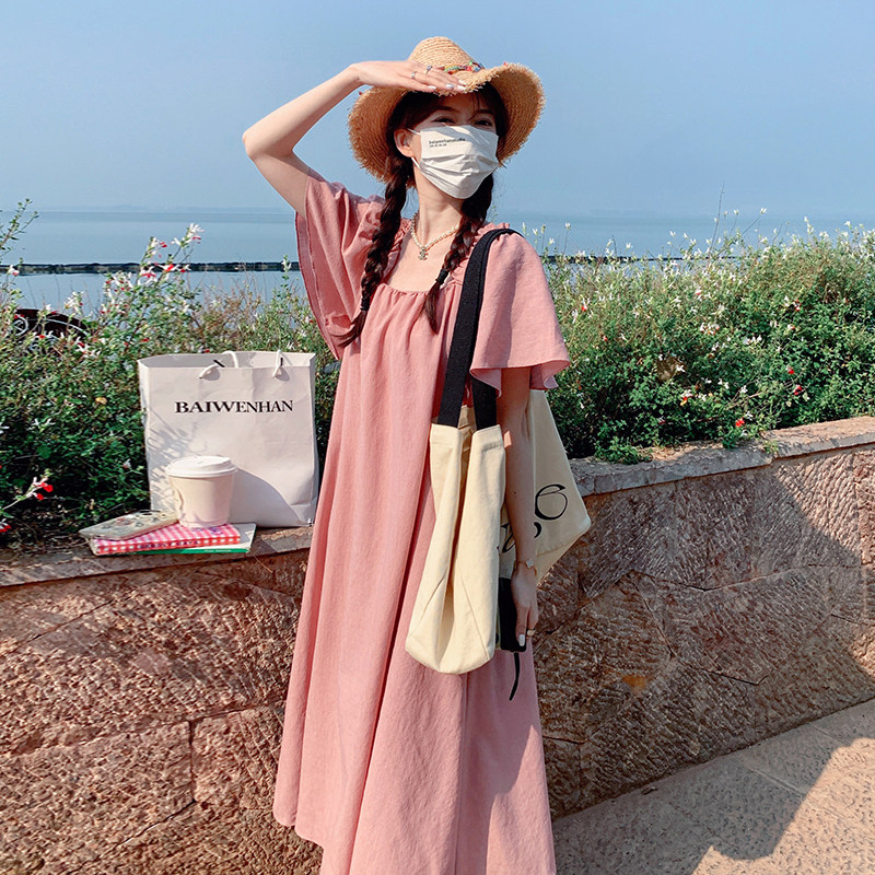 粉色方领飞飞袖连衣裙女夏季2025新款高级感温柔甜美显瘦茶歇裙子，女装连衣裙，浙宝225