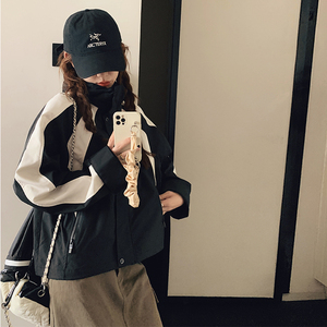 美式拼接冲锋衣短款外套女春季2025新款设计感小个子休闲连帽上衣，女装短外套，浙宝225