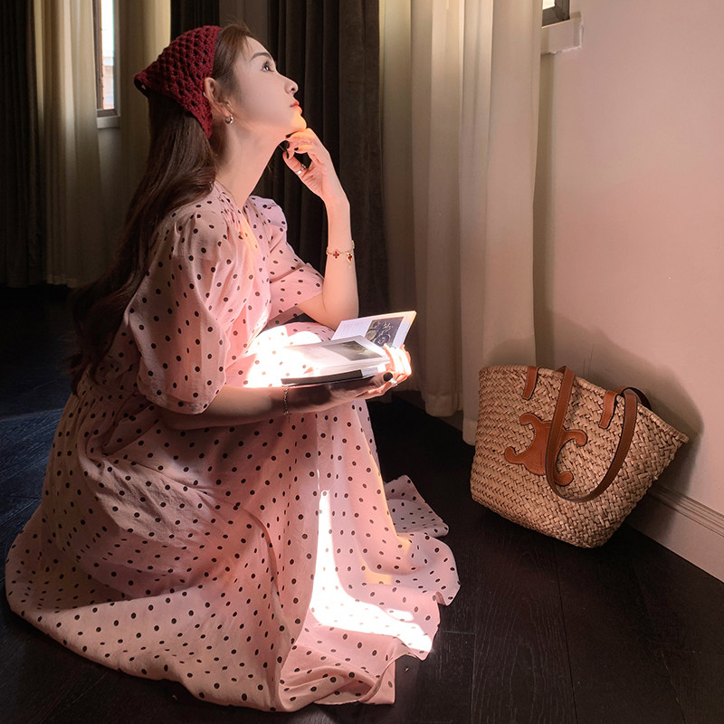 粉色波点连衣裙夏季女2025新款法式显瘦甜美减龄泡泡袖长款仙女裙,女装连衣裙,浙宝225