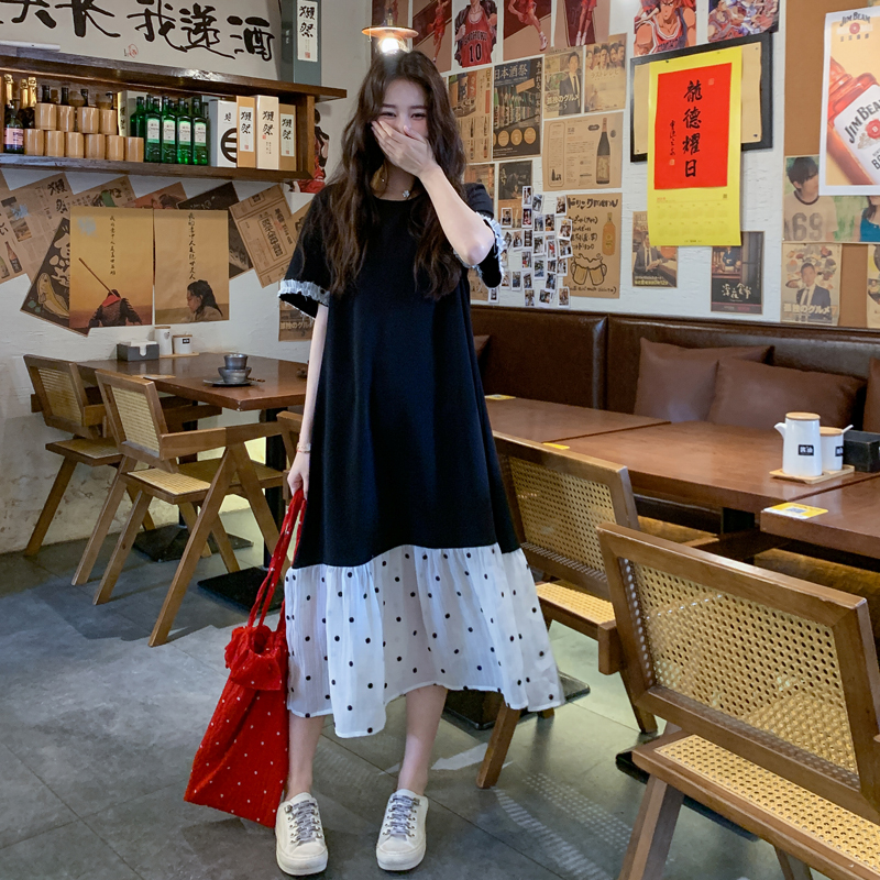 黑色设计感拼接波点连衣裙女2025夏韩系慵懒松弛感宽松休闲T恤裙，女装连衣裙，浙宝225