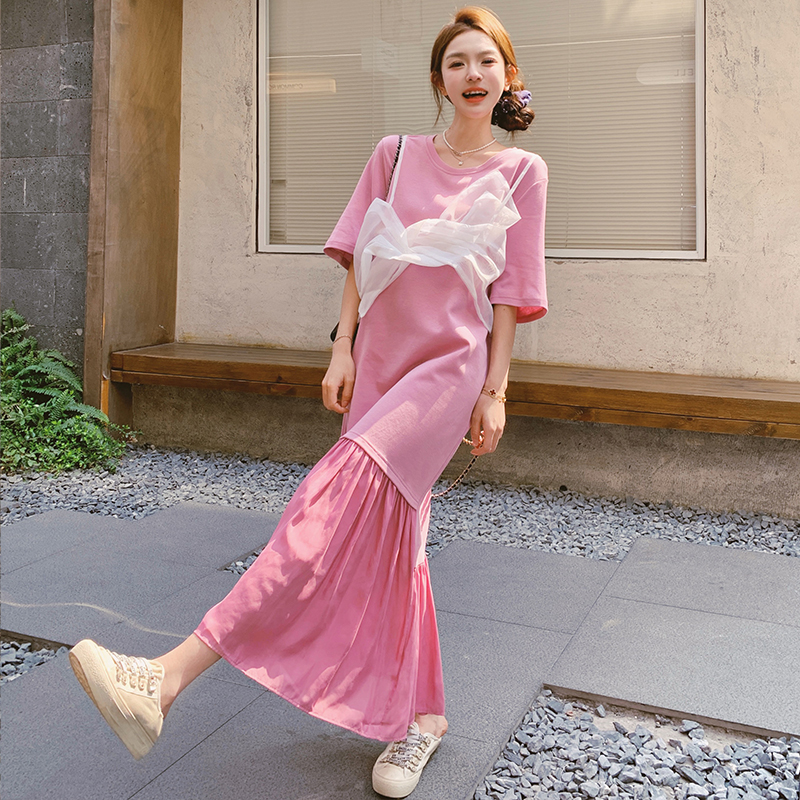 粉色网纱蝴蝶结T恤连衣裙女夏季2025新款初恋清纯奶甜鱼尾长裙子，女装连衣裙，浙宝225