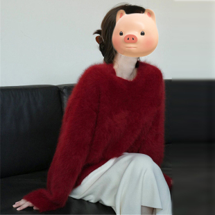 慵懒风高级感宽松加厚针织上衣 新年红色仿水貂毛衣女秋冬2025新款
