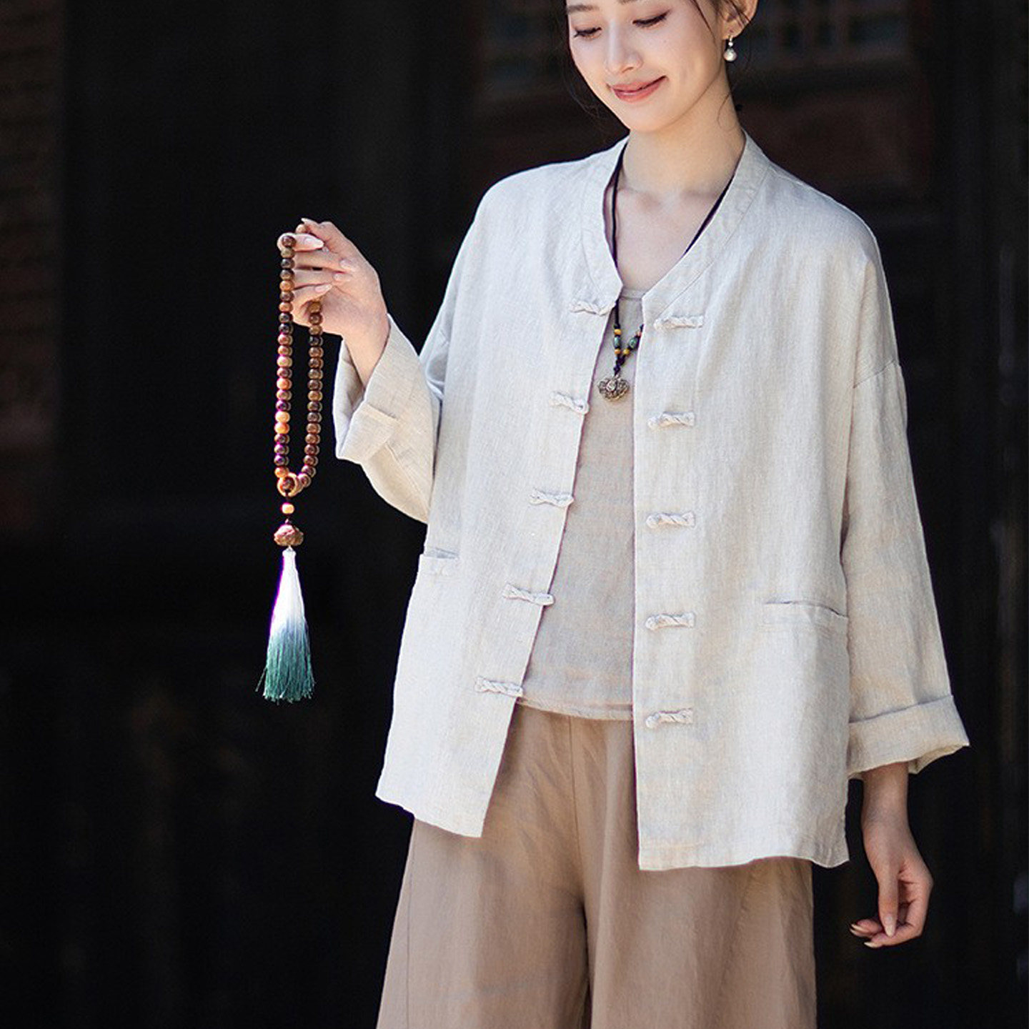 女士衬衫高端亚麻长袖国风开衫秋图片