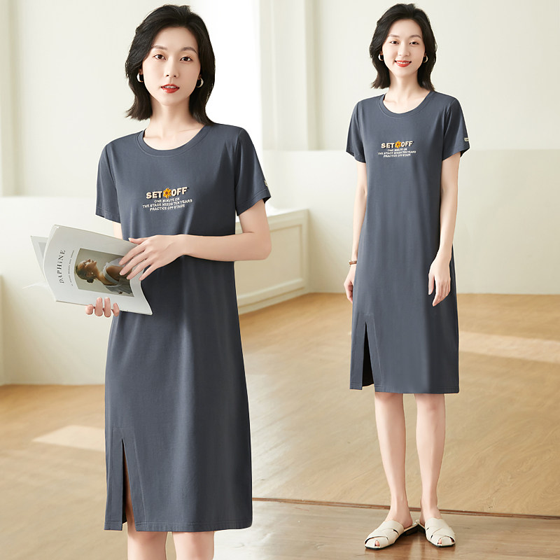 休闲过膝连衣裙女夏2023年新款时尚中长款t恤裙圆领纯棉运动裙子