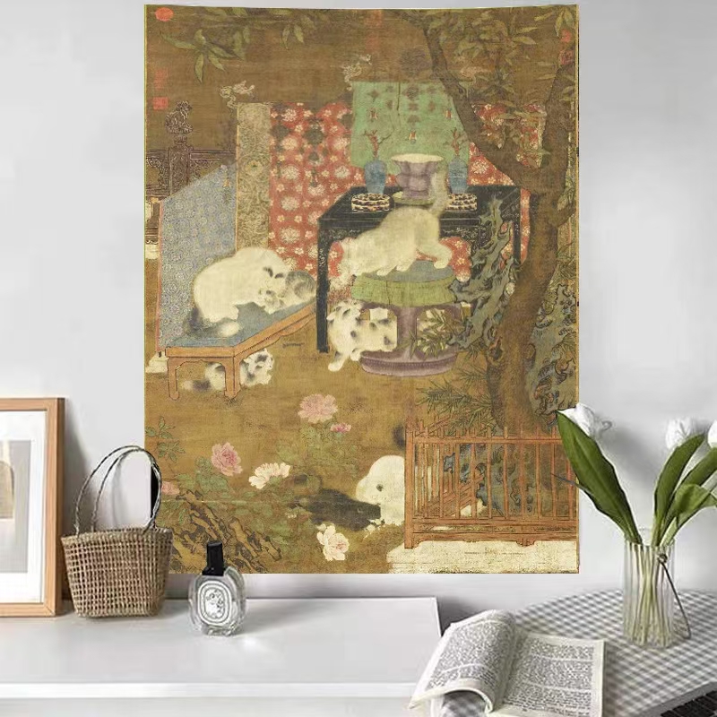 ins复古猫咪背景布油画艺术挂布卧室墙布租房改造宿舍装饰画挂毯图片