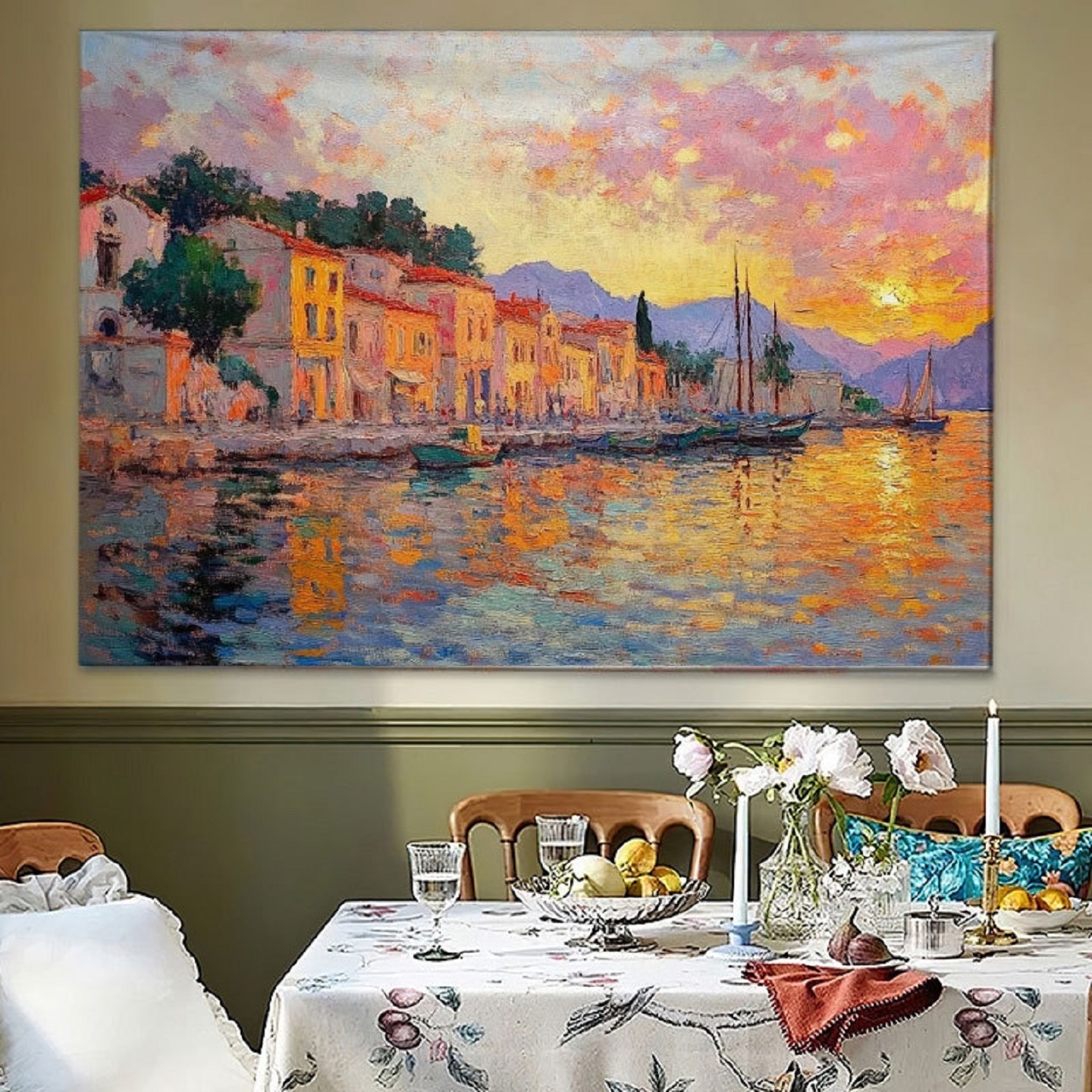 海边小镇餐厅装饰挂布欧式艺术背景布卧室壁画布客厅风景油画挂毯图片