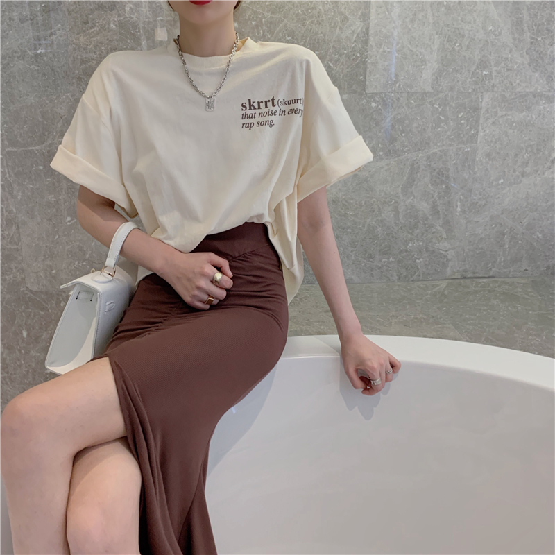 Real price Korean letter loose short sleeve T-shirt women's high waist irregular skirt two piece set