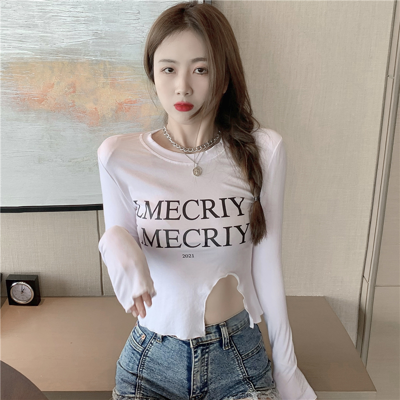 Real price Korean slim long sleeve T-shirt women's irregular split letter foreign style top