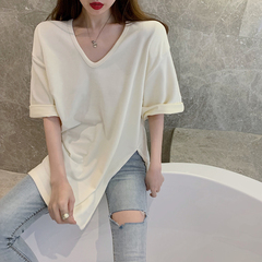實拍實價早春露鎖骨恤基礎款寬鬆百搭圓領短袖開叉恤