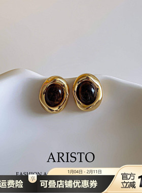 法式美拉德金边琥珀色圆珠耳钉小众设计高级复古耳坠气质通勤耳饰