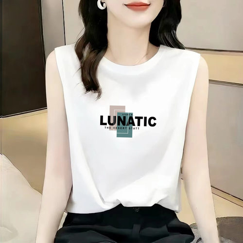 纯棉无袖字母印花T恤女夏宽松