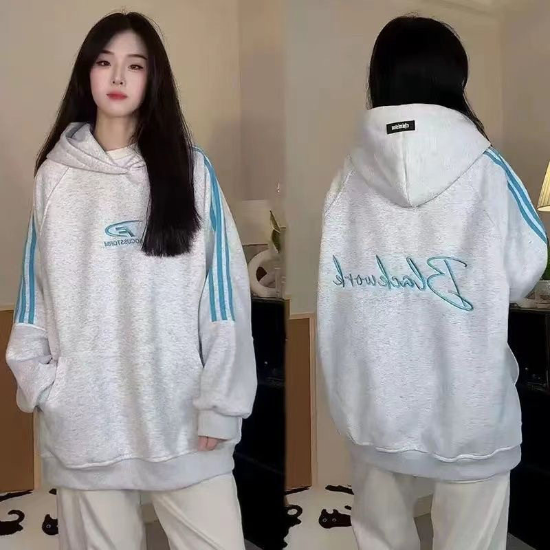 加绒卫衣女秋冬新款纯棉华棉牛奶丝银狐绒刺绣连帽