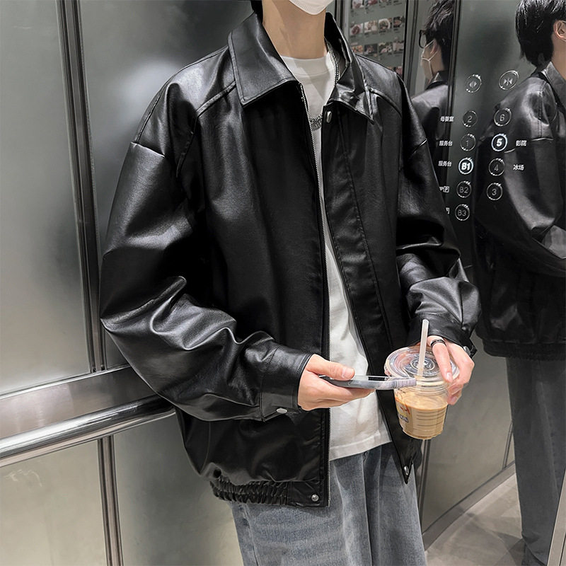 美拉德PU亮面机车皮夹克男秋冬