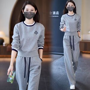 春秋新款休闲运动套装女欧洲站时尚圆领卫衣阔腿长裤两件套