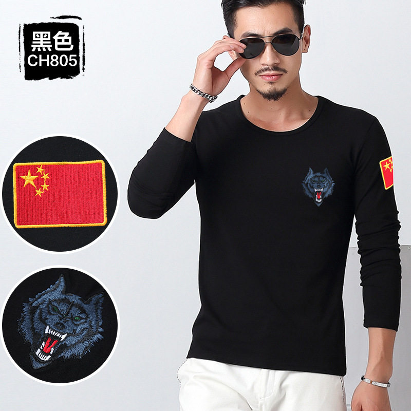 长袖t恤男2026新款刺绣中国修身军迷狼头体能打底衫纯棉德绒