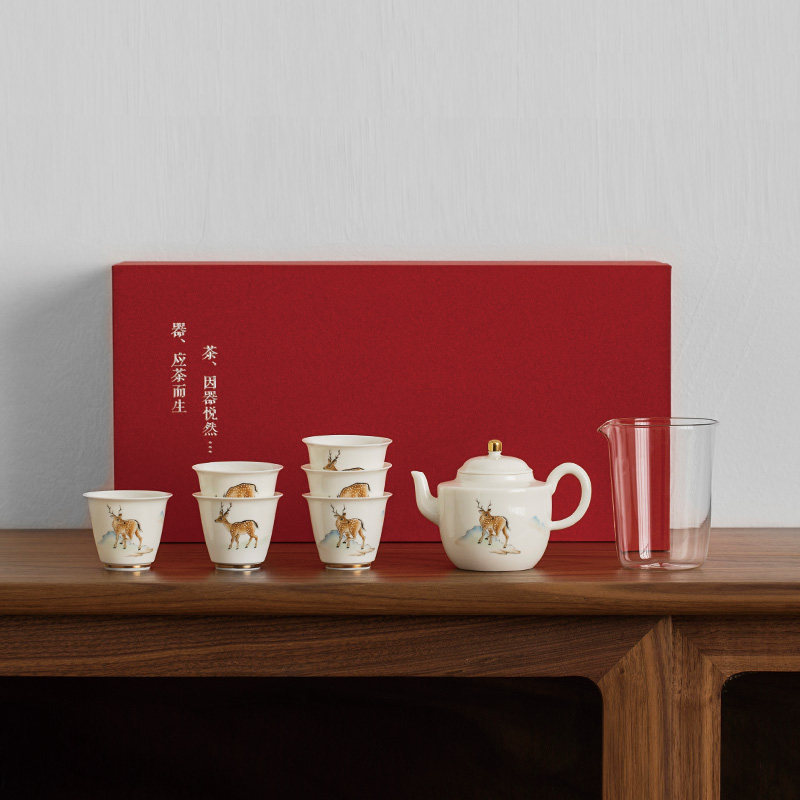 象牙白陶瓷八头古香手抓壶家用茶具鹿慕溪水高档茶海品茗杯礼品装