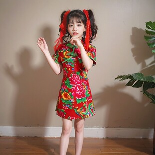 六一新款女童旗袍中国风古筝演出旗袍复古东北大花布修身走秀旗袍