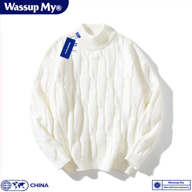 Wassup My麻花毛衣男半高领秋冬季宽松加厚情侣纯色打底针织衫潮