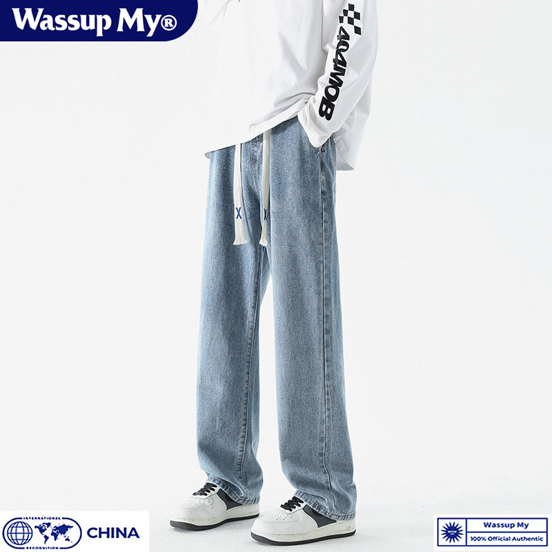 Wassup My潮牌直筒牛仔裤男美式秋冬加绒休闲宽松百搭阔腿长裤