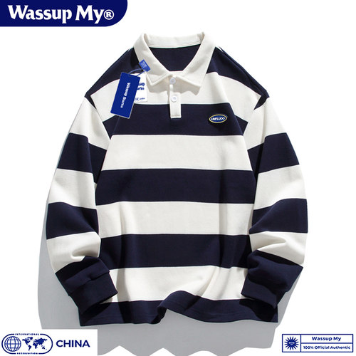 WASSUP条纹polo领长袖翻领卫衣男