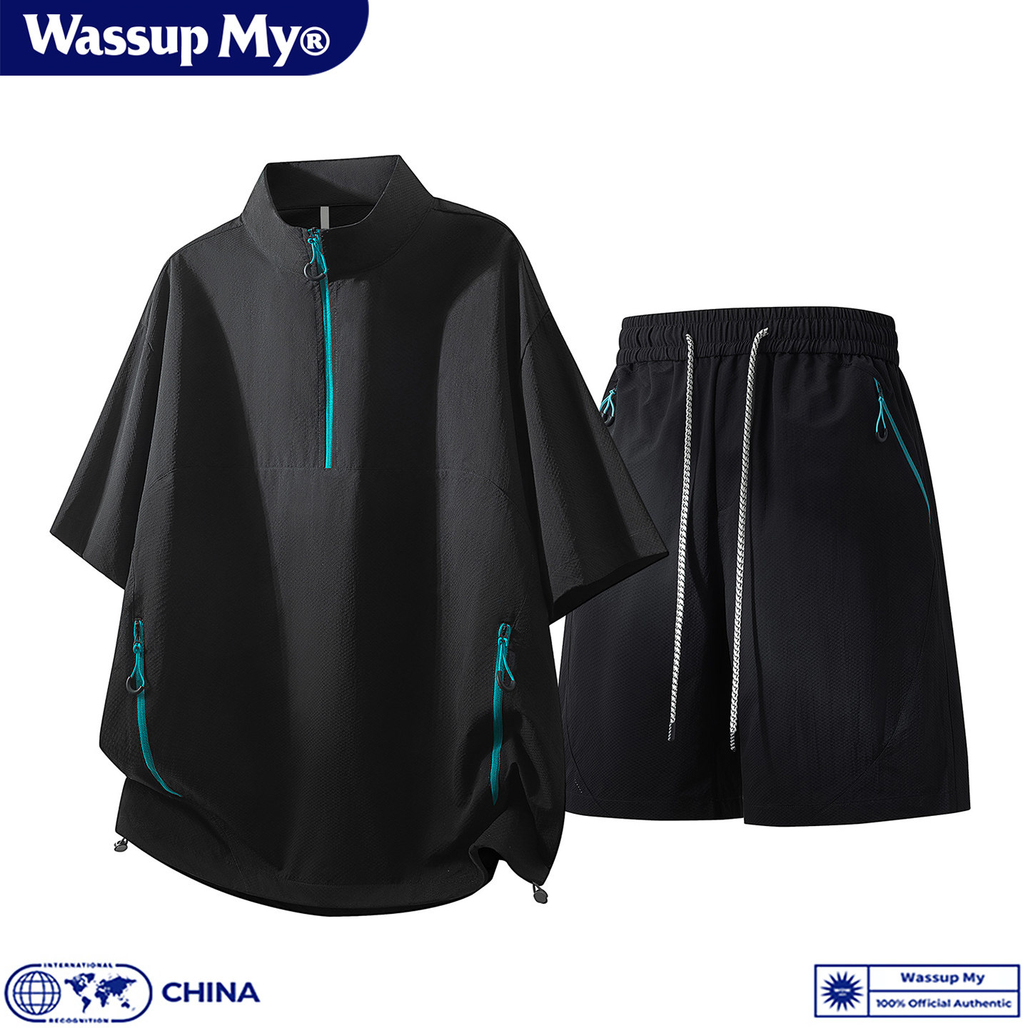WASSUP MY潮牌运动风冰感套装男夏半拉链立领短袖T恤五分裤两件套