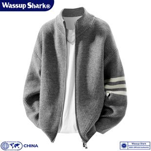 Wassup Shark立领拉链毛衣男款宽松慵懒风秋季条纹针织衫开衫外套