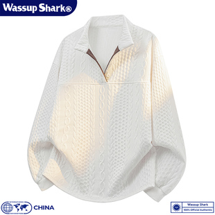 Wassup Shark日系简约提花卫衣男春秋季休闲宽松大码POLO长袖上衣