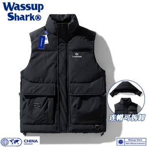 Wassup Shark潮牌白鸭绒马甲男秋冬新款保暖无袖羽绒服坎肩外套女