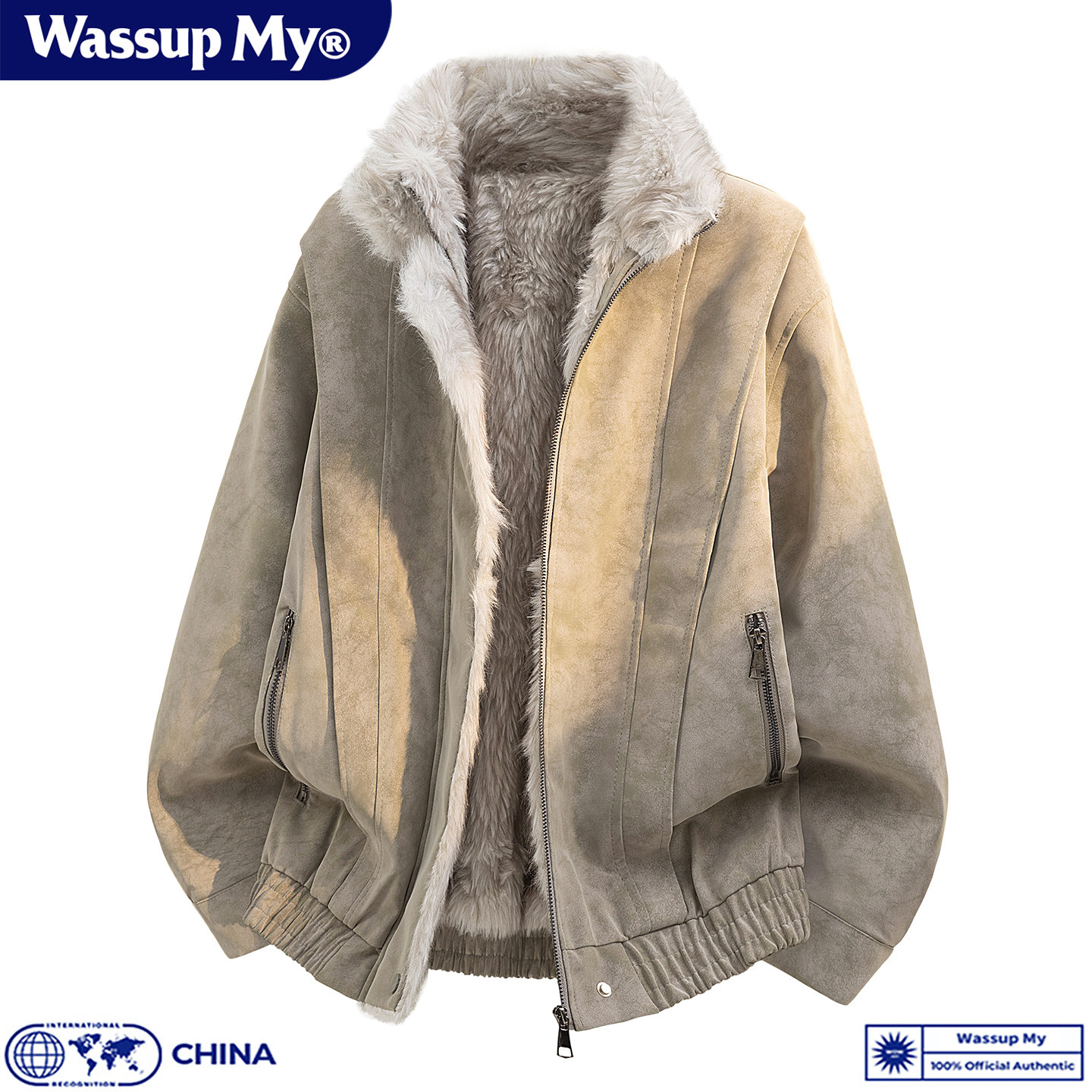 WASSUP MY毛领皮毛一体座山雕夹克男女冬季加绒加厚美式复古外套