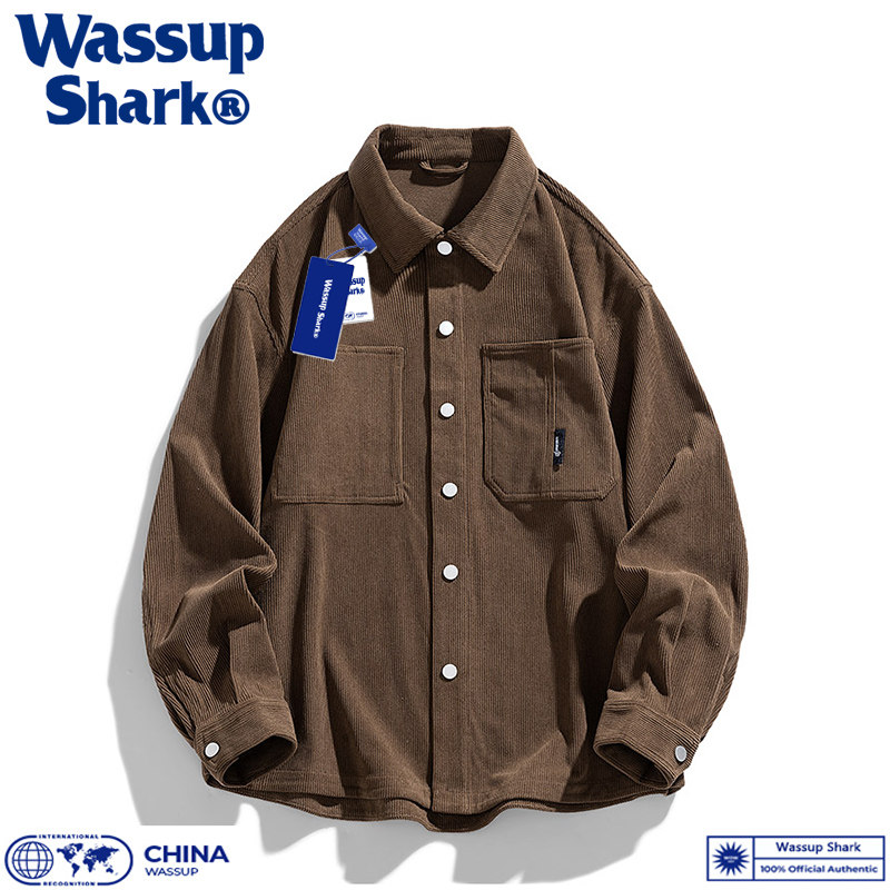 Wassup Shark日系复古灯芯绒衬衫外套秋季男女情侣宽松翻